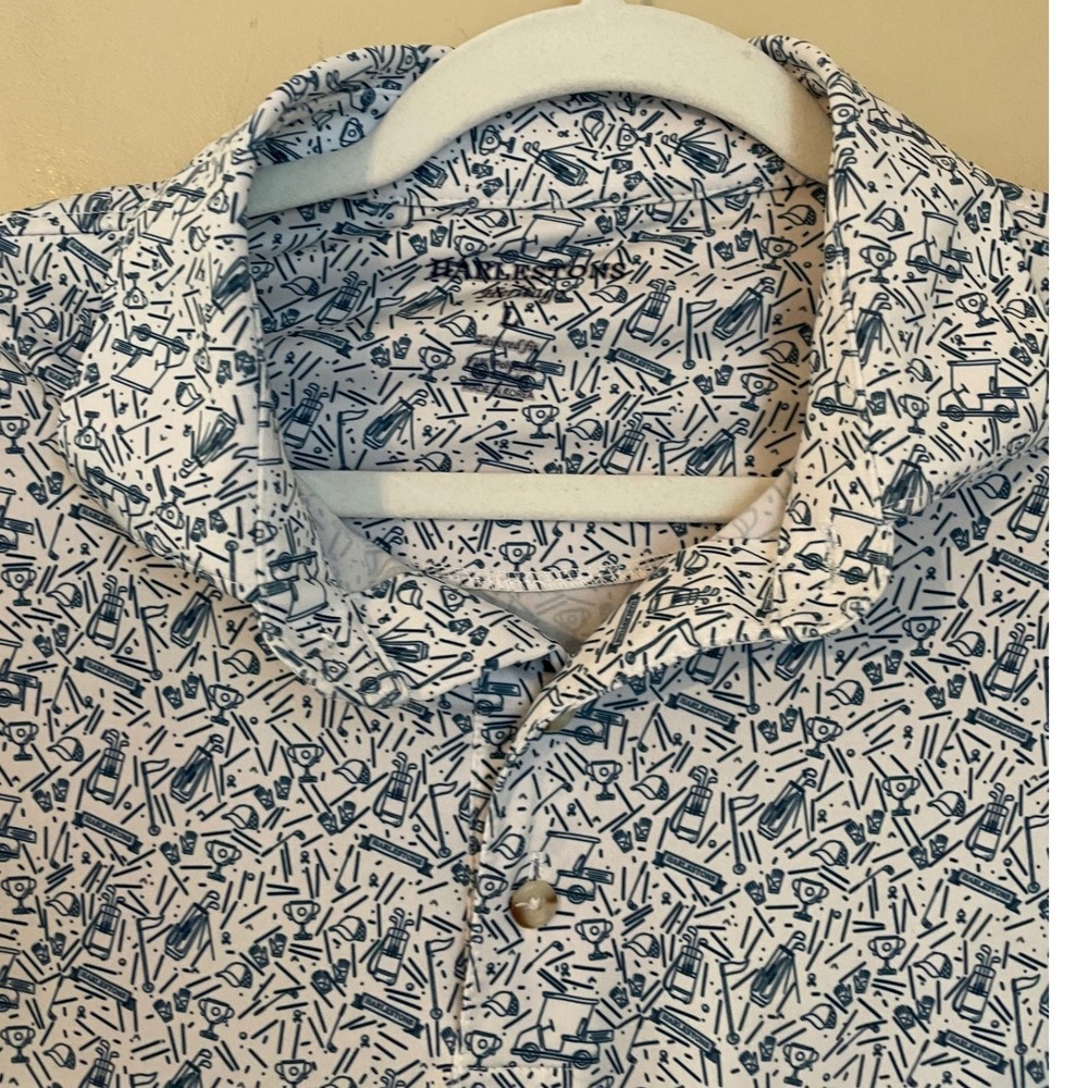 Harlestons Size L Tailored Fit Performance Golf Polo Shirt Blue White Print